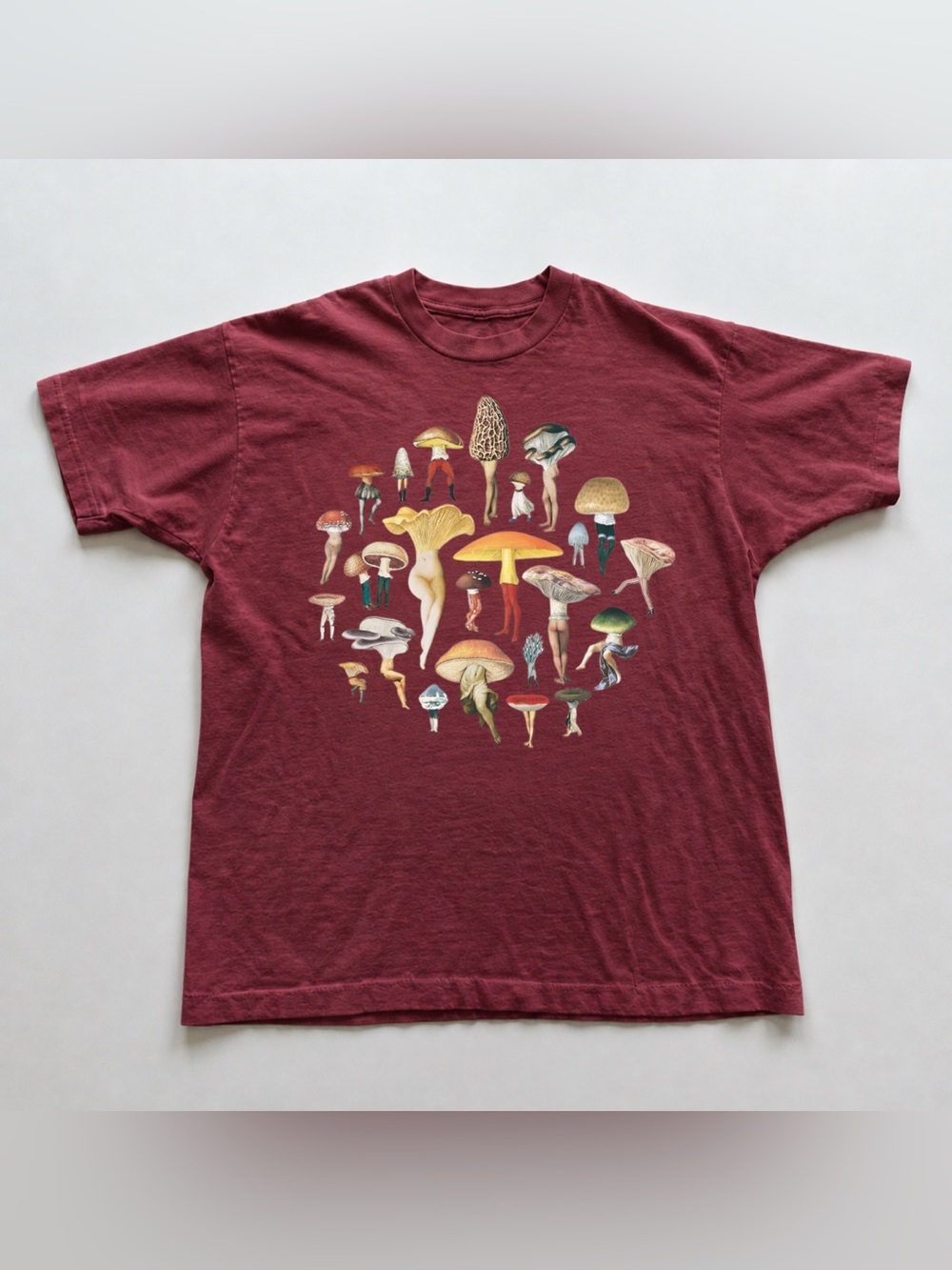 Antique CherryRed Maroon Short-Sleeve Tee with Colorful Mushroom Circle Graphic